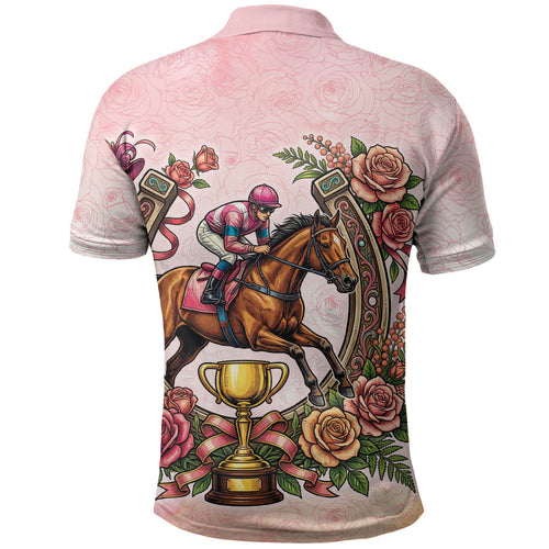 Melbourne Horse Race Polo Shirt Aussie Floral Horseshoe Pink Rose