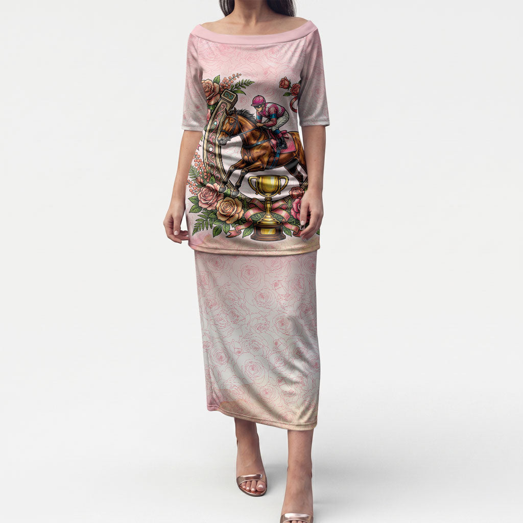 Melbourne Horse Race Puletasi Aussie Floral Horseshoe Pink Rose