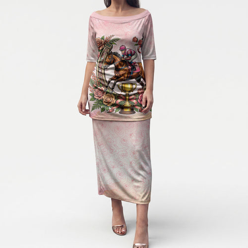Melbourne Horse Race Puletasi Aussie Floral Horseshoe Pink Rose