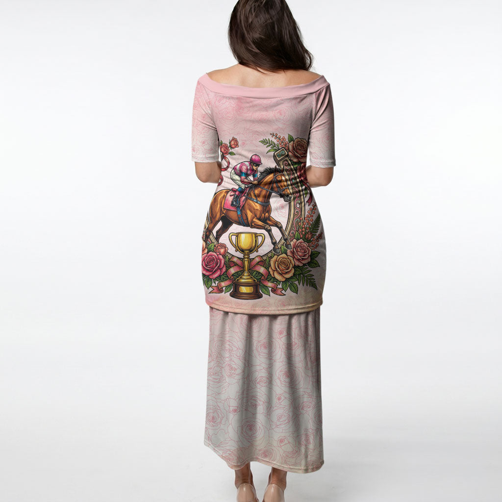 Melbourne Horse Race Puletasi Aussie Floral Horseshoe Pink Rose