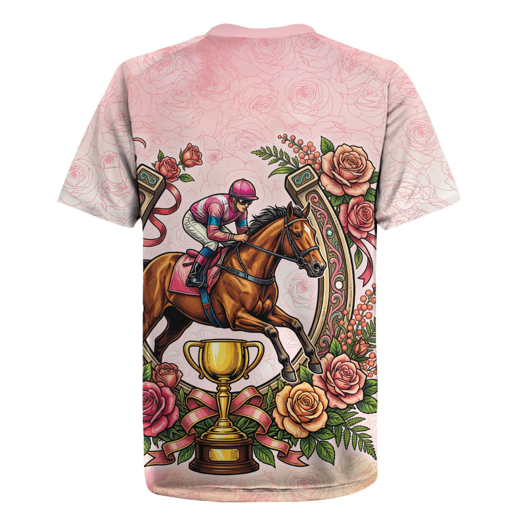 Melbourne Horse Race Rugby Jersey Aussie Floral Horseshoe Pink Rose