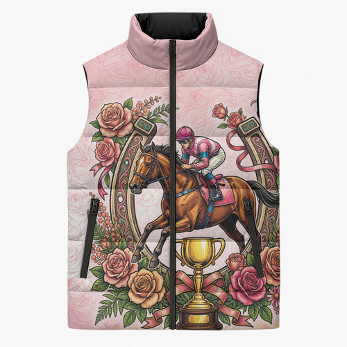 Melbourne Horse Race Sleeveless Puffer Jacket Aussie Floral Horseshoe Pink Rose