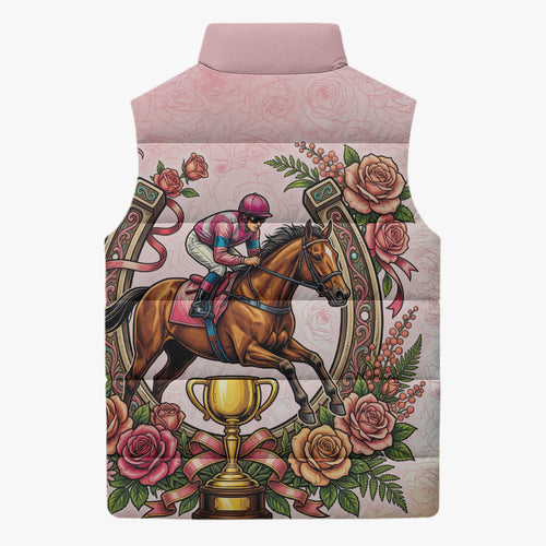 Melbourne Horse Race Sleeveless Puffer Jacket Aussie Floral Horseshoe Pink Rose