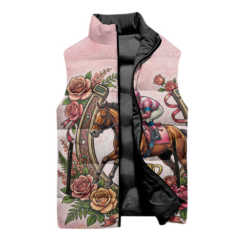 Melbourne Horse Race Sleeveless Puffer Jacket Aussie Floral Horseshoe Pink Rose
