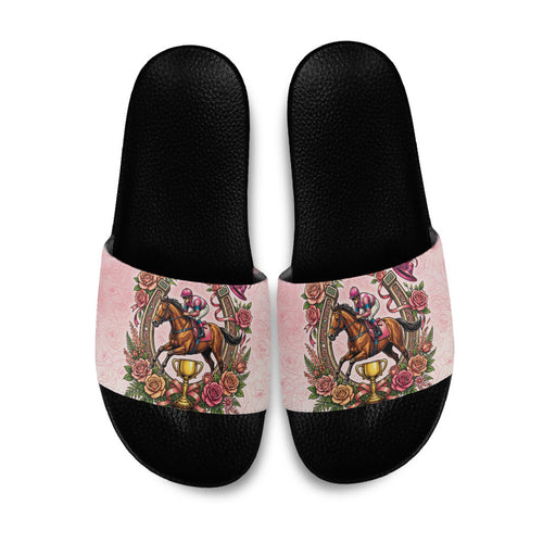 Melbourne Horse Race Slide Sandals Aussie Floral Horseshoe Pink Rose