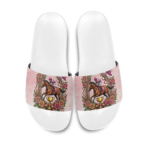 Melbourne Horse Race Slide Sandals Aussie Floral Horseshoe Pink Rose