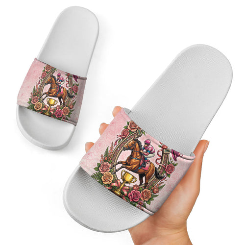 Melbourne Horse Race Slide Sandals Aussie Floral Horseshoe Pink Rose