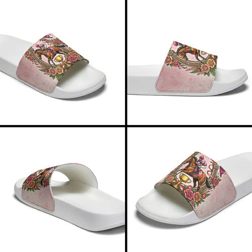 Melbourne Horse Race Slide Sandals Aussie Floral Horseshoe Pink Rose