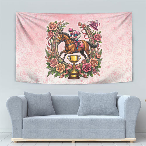 Melbourne Horse Race Tapestry Aussie Floral Horseshoe Pink Rose