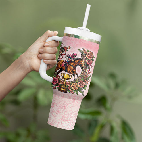 Melbourne Horse Race Tumbler With Handle Aussie Floral Horseshoe Pink Rose