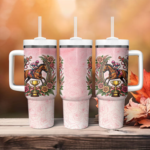 Melbourne Horse Race Tumbler With Handle Aussie Floral Horseshoe Pink Rose