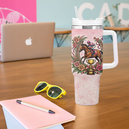 Melbourne Horse Race Tumbler With Handle Aussie Floral Horseshoe Pink Rose