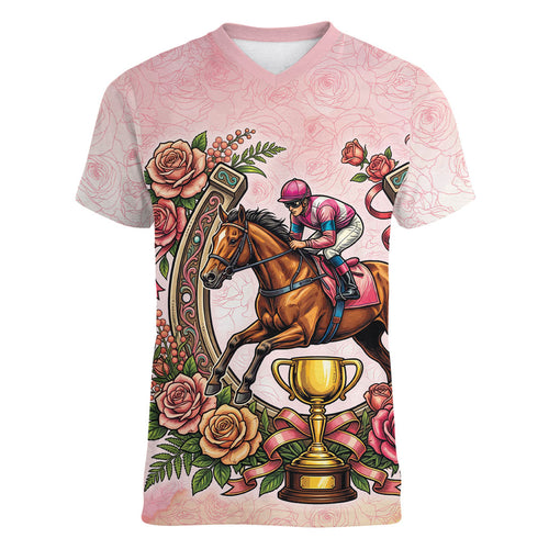 Melbourne Horse Race Women V-Neck T-Shirt Aussie Floral Horseshoe Pink Rose