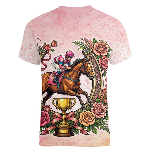 Melbourne Horse Race Women V-Neck T-Shirt Aussie Floral Horseshoe Pink Rose