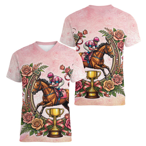 Melbourne Horse Race Women V-Neck T-Shirt Aussie Floral Horseshoe Pink Rose