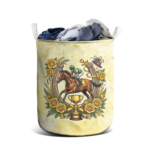 Melbourne Horse Race Laundry Basket Aussie Floral Horseshoe Yellow Rose