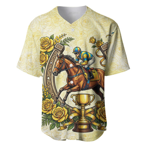 Melbourne Horse Race Baseball Jersey Aussie Floral Horseshoe Yellow Rose