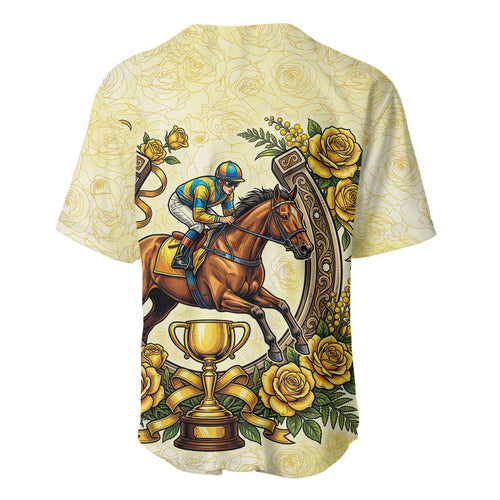 Melbourne Horse Race Baseball Jersey Aussie Floral Horseshoe Yellow Rose