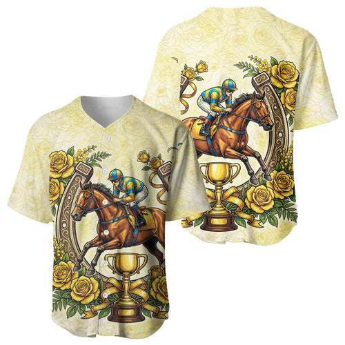 Melbourne Horse Race Baseball Jersey Aussie Floral Horseshoe Yellow Rose