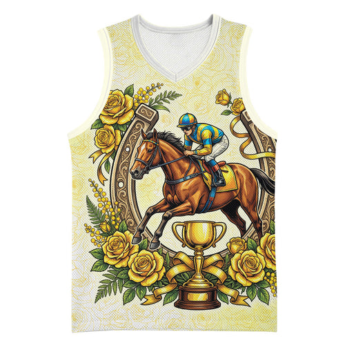 Melbourne Horse Race Basketball Jersey Aussie Floral Horseshoe Yellow Rose