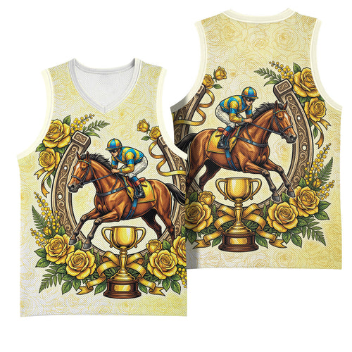 Melbourne Horse Race Basketball Jersey Aussie Floral Horseshoe Yellow Rose