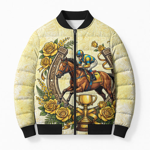 Melbourne Horse Race Bomber Puffer Jacket Aussie Floral Horseshoe Yellow Rose