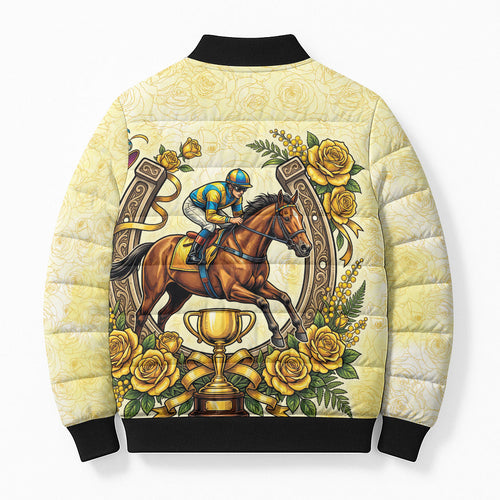 Melbourne Horse Race Bomber Puffer Jacket Aussie Floral Horseshoe Yellow Rose
