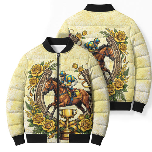 Melbourne Horse Race Bomber Puffer Jacket Aussie Floral Horseshoe Yellow Rose