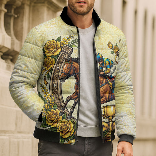 Melbourne Horse Race Bomber Puffer Jacket Aussie Floral Horseshoe Yellow Rose