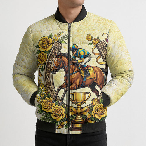 Melbourne Horse Race Bomber Puffer Jacket Aussie Floral Horseshoe Yellow Rose