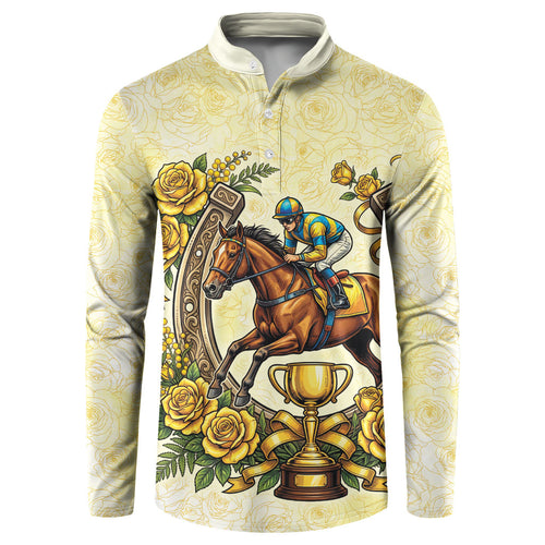 Melbourne Horse Race Button Sweatshirt Aussie Floral Horseshoe Yellow Rose