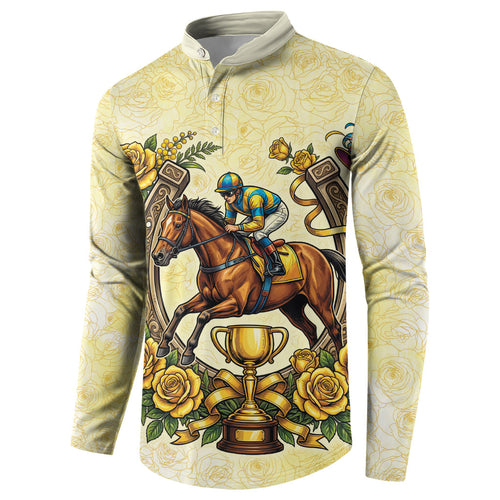 Melbourne Horse Race Button Sweatshirt Aussie Floral Horseshoe Yellow Rose
