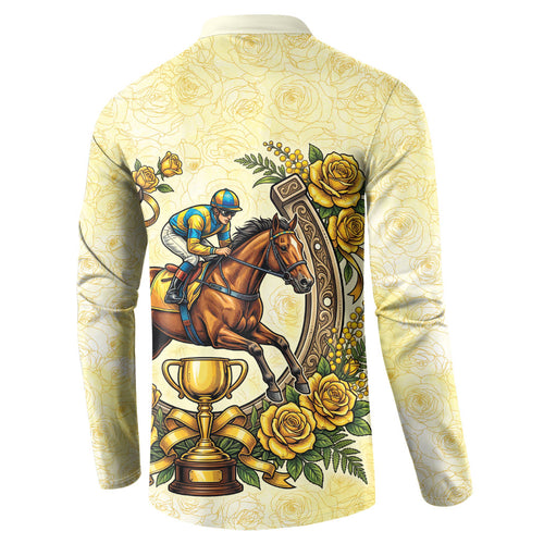 Melbourne Horse Race Button Sweatshirt Aussie Floral Horseshoe Yellow Rose