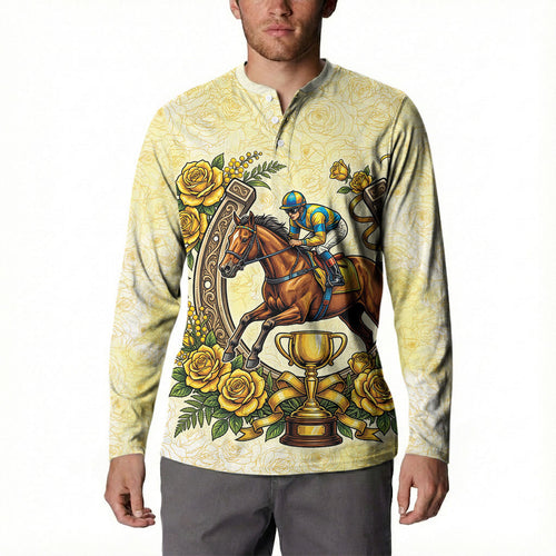 Melbourne Horse Race Button Sweatshirt Aussie Floral Horseshoe Yellow Rose