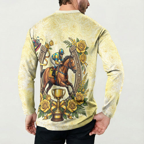 Melbourne Horse Race Button Sweatshirt Aussie Floral Horseshoe Yellow Rose