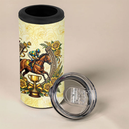 Melbourne Horse Race 4 in 1 Can Cooler Tumbler Aussie Floral Horseshoe Yellow Rose
