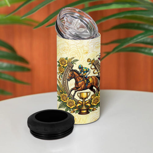 Melbourne Horse Race 4 in 1 Can Cooler Tumbler Aussie Floral Horseshoe Yellow Rose