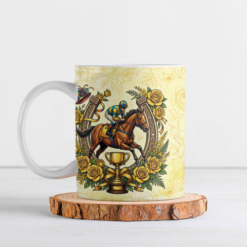 Melbourne Horse Race Ceramic Mug Aussie Floral Horseshoe Yellow Rose