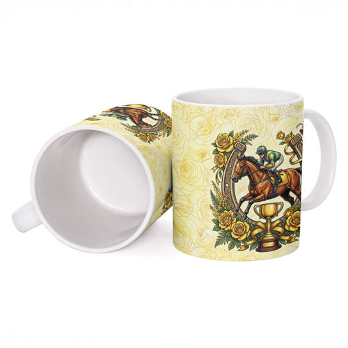Melbourne Horse Race Ceramic Mug Aussie Floral Horseshoe Yellow Rose