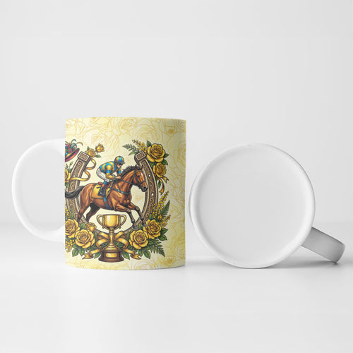 Melbourne Horse Race Ceramic Mug Aussie Floral Horseshoe Yellow Rose