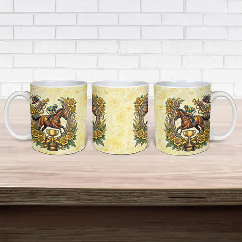 Melbourne Horse Race Ceramic Mug Aussie Floral Horseshoe Yellow Rose