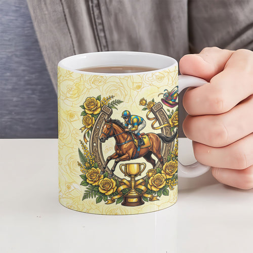 Melbourne Horse Race Ceramic Mug Aussie Floral Horseshoe Yellow Rose
