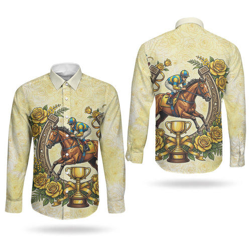 Melbourne Horse Race Couples Matching Off Shoulder Short Dress and Long Sleeve Button Shirt Aussie Floral Horseshoe Yellow Rose