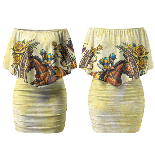 Melbourne Horse Race Couples Matching Off Shoulder Short Dress and Long Sleeve Button Shirt Aussie Floral Horseshoe Yellow Rose