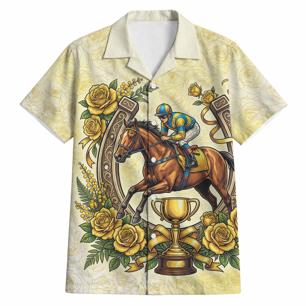 Melbourne Horse Race Hawaiian Shirt Aussie Floral Horseshoe Yellow Rose