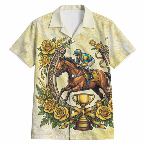 Melbourne Horse Race Hawaiian Shirt Aussie Floral Horseshoe Yellow Rose