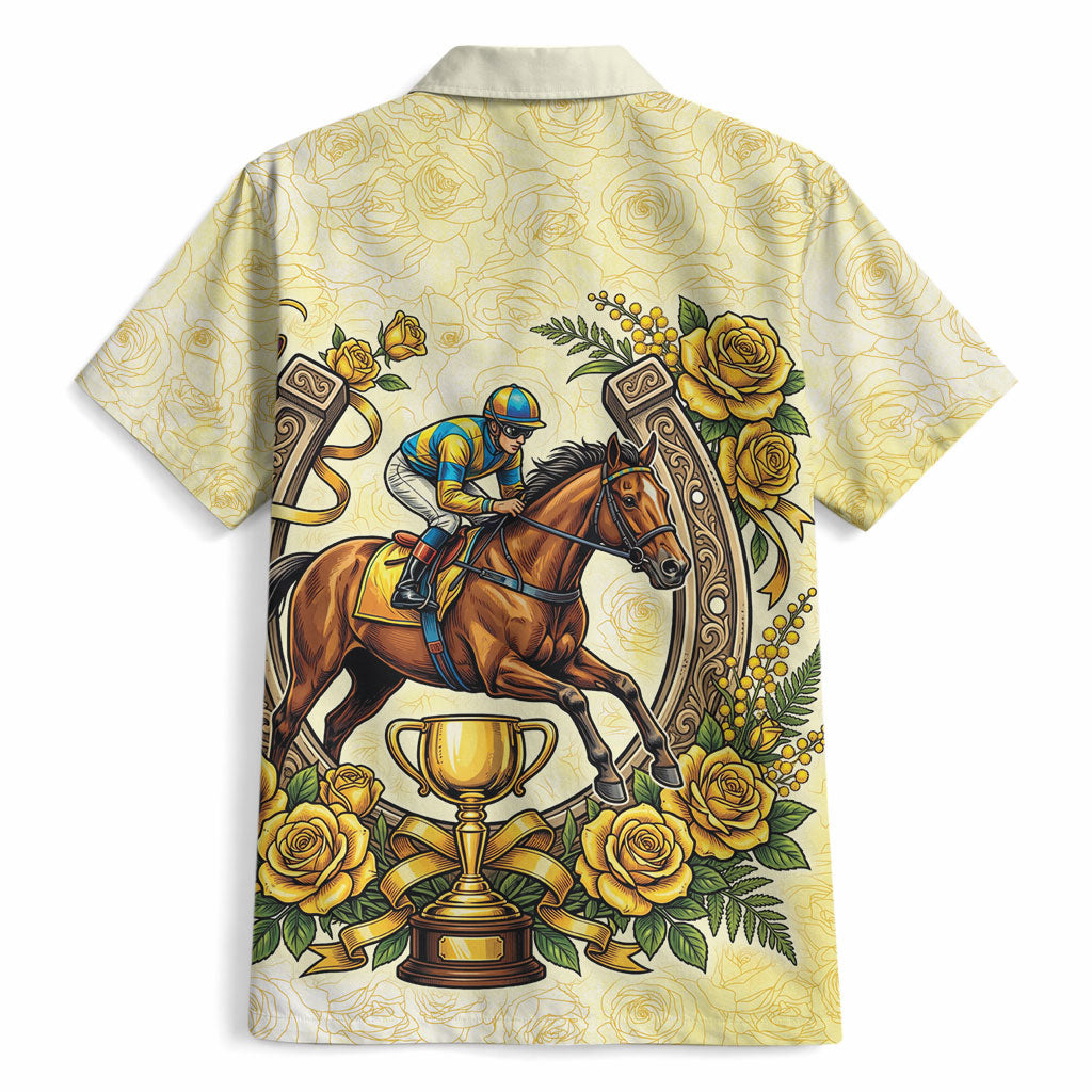 Melbourne Horse Race Hawaiian Shirt Aussie Floral Horseshoe Yellow Rose