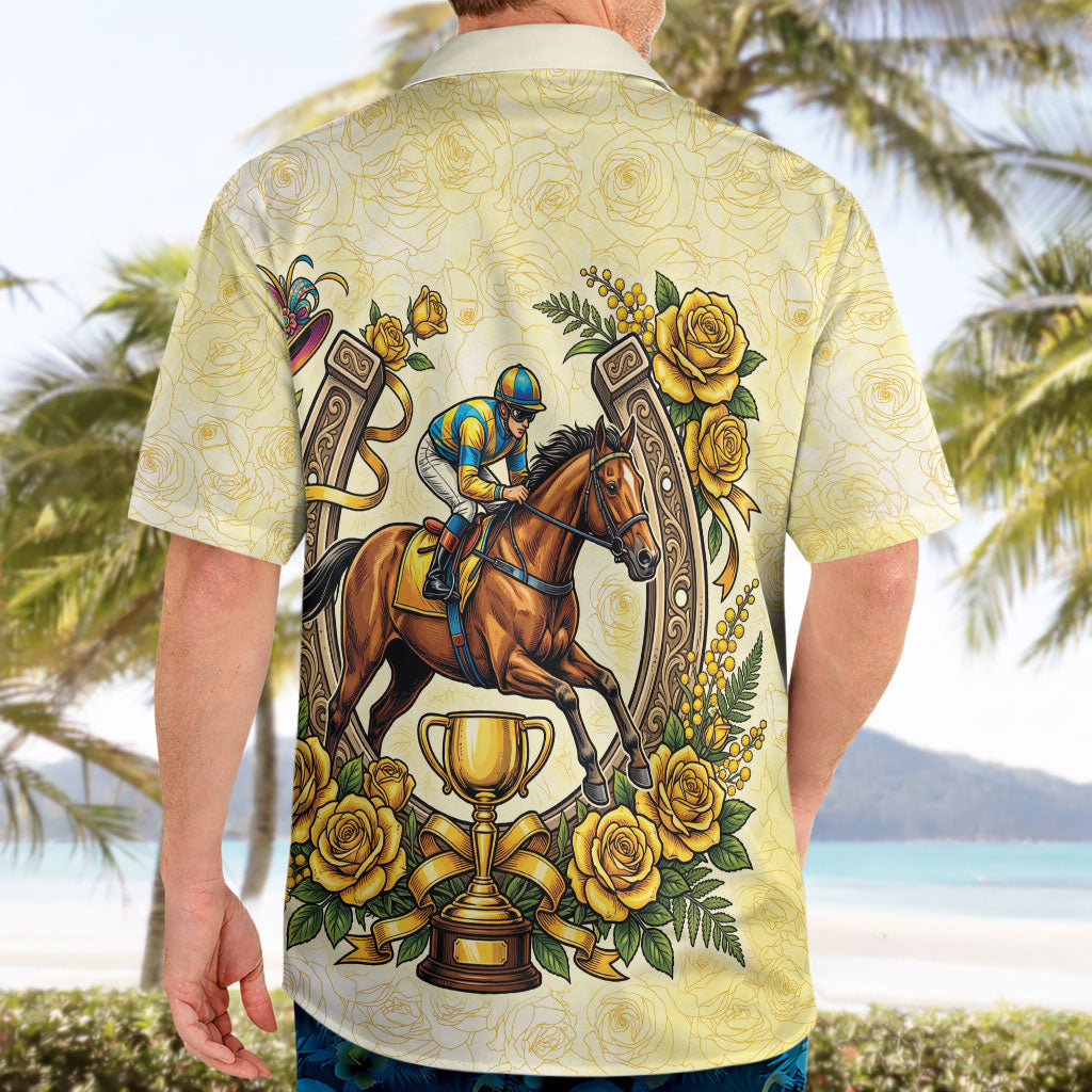 Melbourne Horse Race Hawaiian Shirt Aussie Floral Horseshoe Yellow Rose