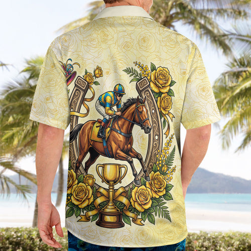 Melbourne Horse Race Hawaiian Shirt Aussie Floral Horseshoe Yellow Rose