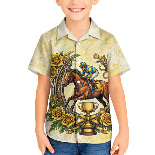 Melbourne Horse Race Hawaiian Shirt Aussie Floral Horseshoe Yellow Rose